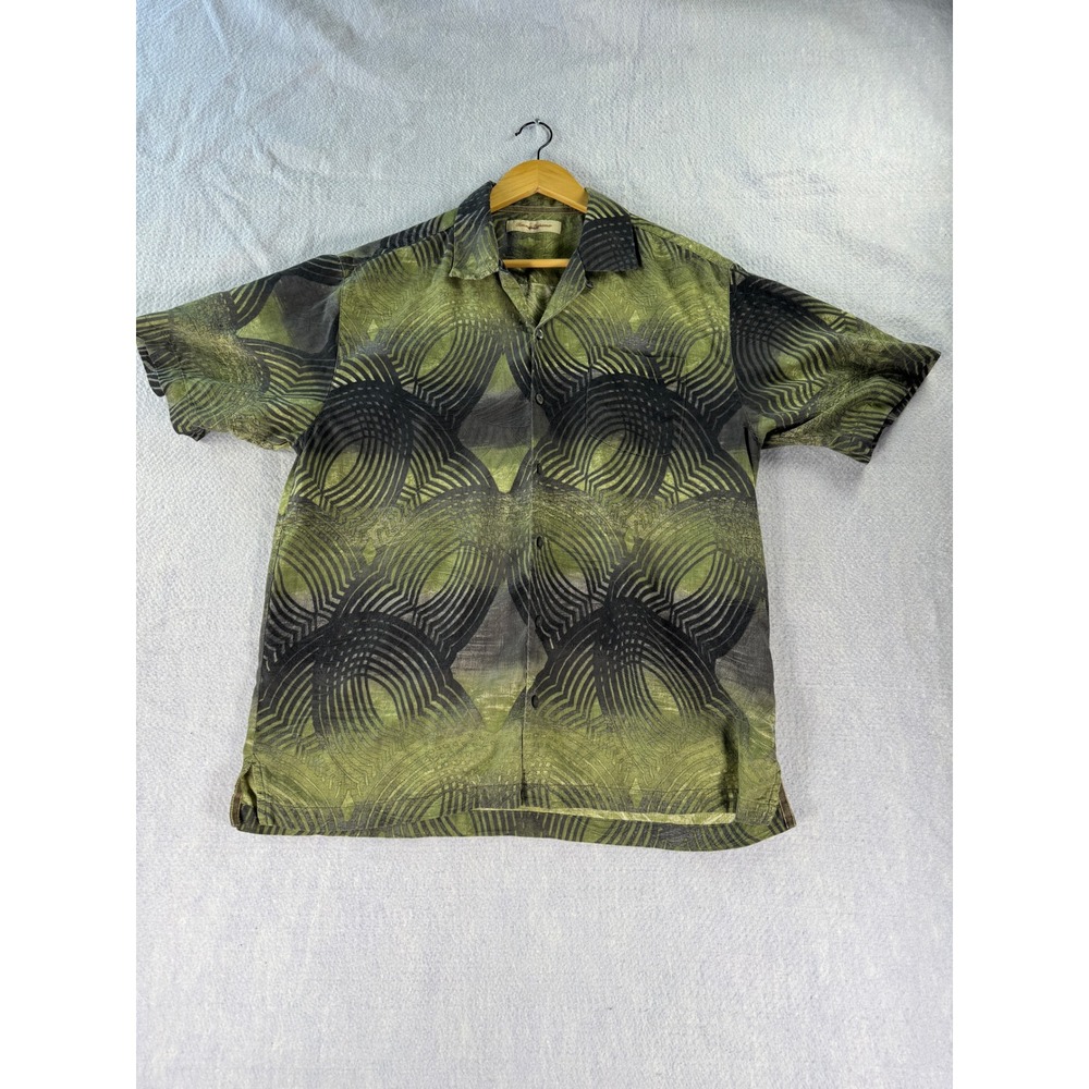 Tommy Bahama Mens Large Silk Button Down Shirt Green Black Abstract T34153